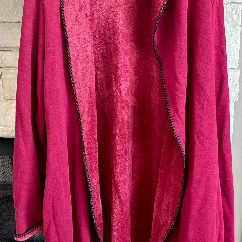 Stylish Red Denim&Co Open Front Fleece Tunic Cardigan